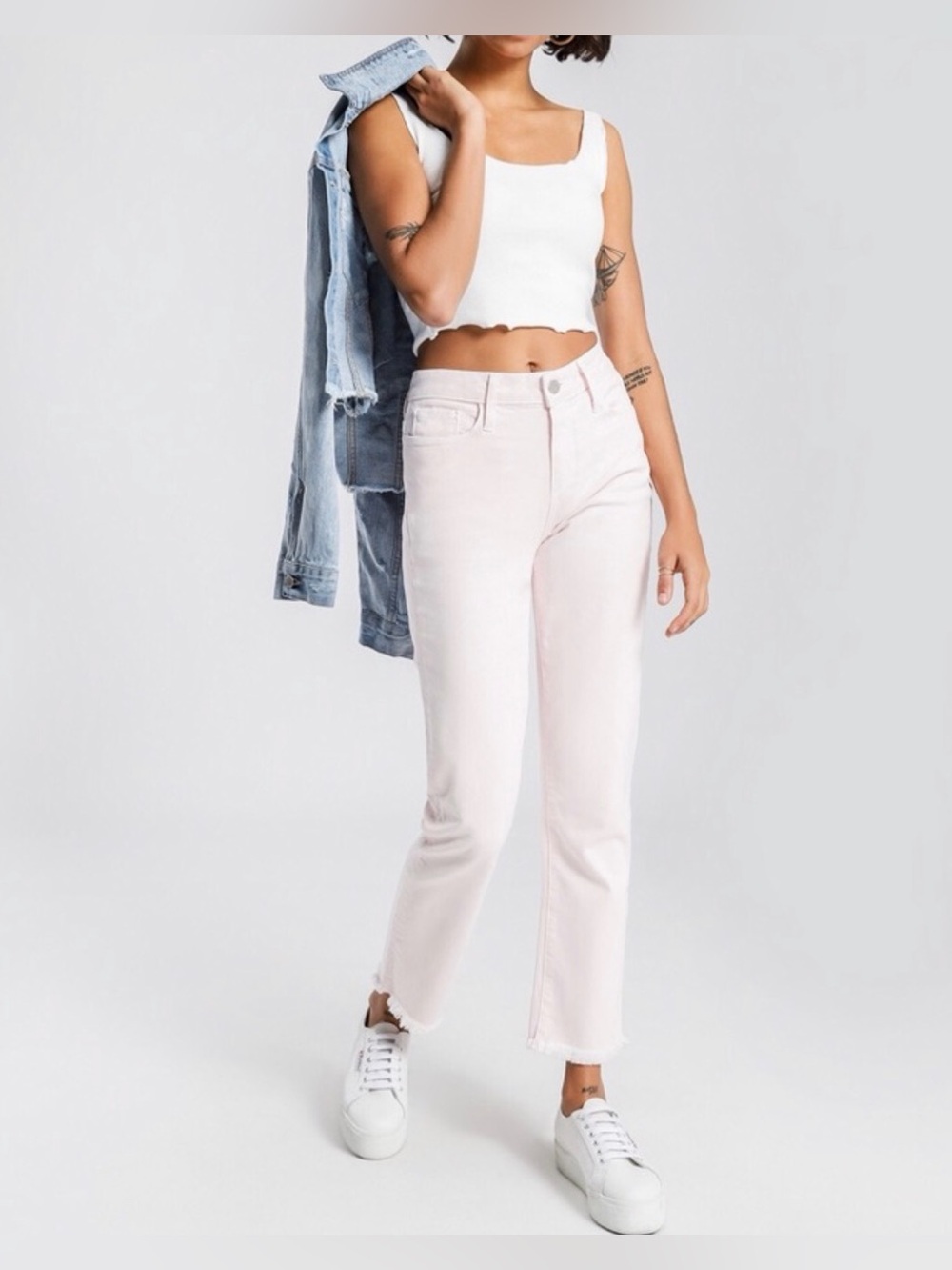 PAIGE Hoxton Straight Jeans Faded Cotton Candy Light Pink Raw Hem Size 27 EUC